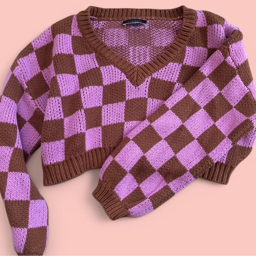 Brown and Pink Checkered Sweater